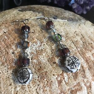 Hand Crafted Vintage Glass Crystal Dangle Duster Chinese Glass Disc Earrings